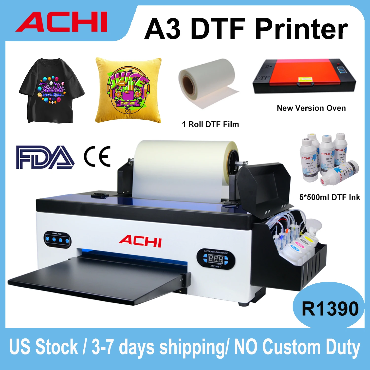 

US Ship ACHI A3 DTF Printer R1390 T-shirt Printing Machine Heat Transfer Film For Hats Bags Fabric Printing DTF Printer Kits