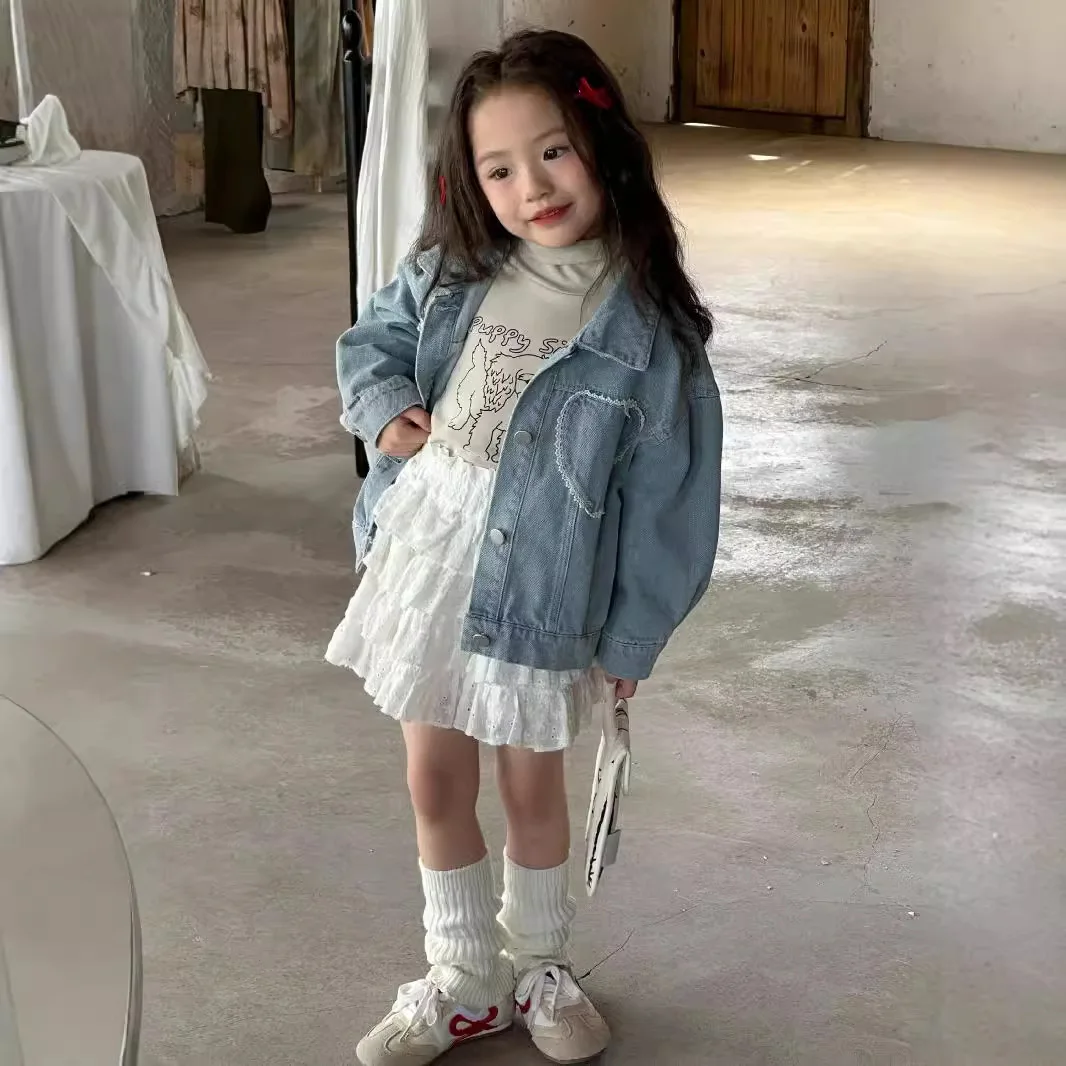 Children Blue Denim Lace Love Jacket White Layered Short Skirt 2024 Autumn New Children Spring and Autumn Clothes