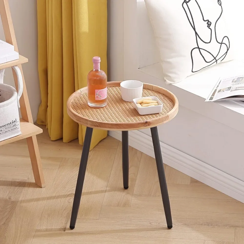 

Rattan Round Side Table, Metal Side Table, Bedside Table, Decorative Coffee Table with Wooden Tray