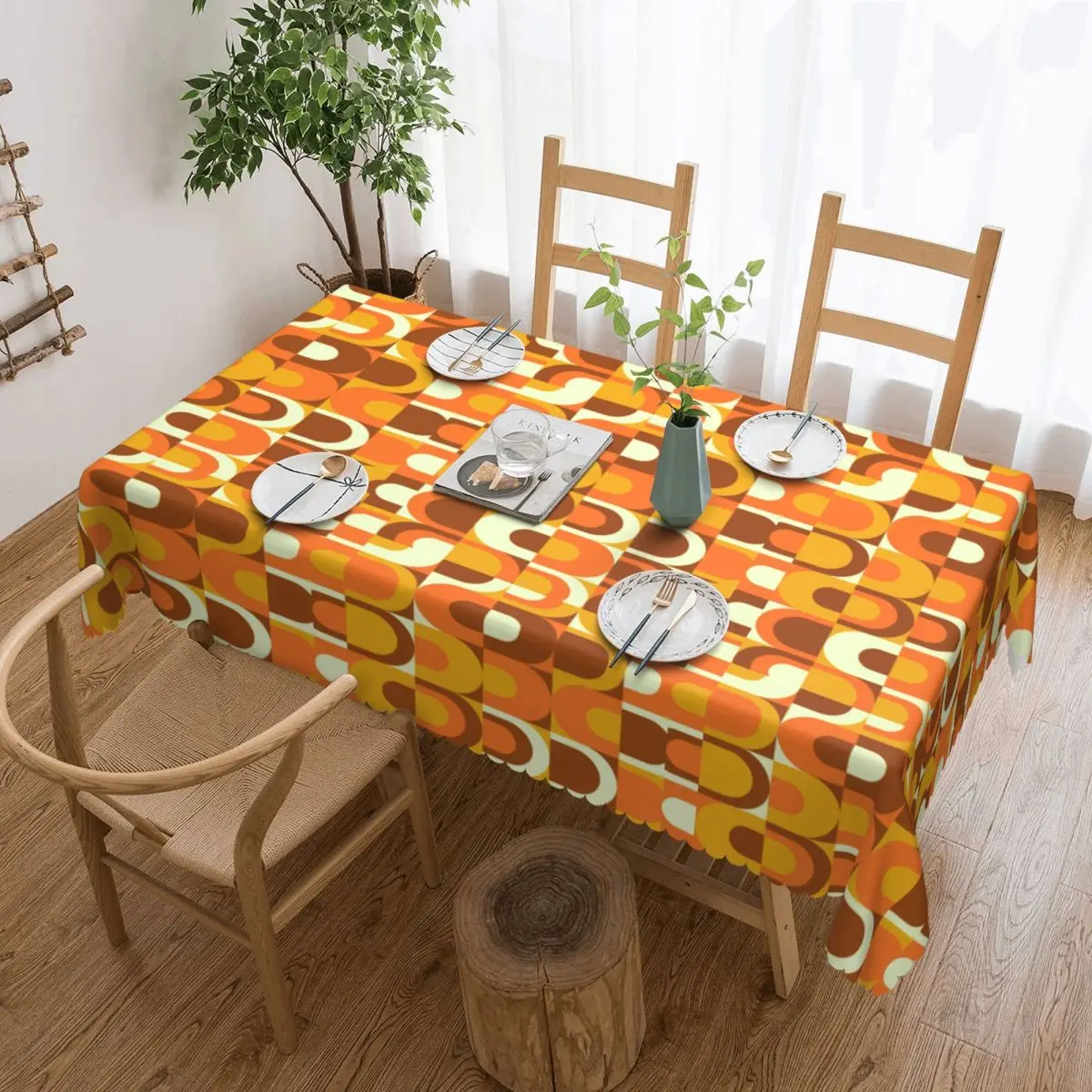 Rectangular Pattern Retro Inustrial In Orange And Brown Tones Table Cloth Waterproof Tablecloth Outdoor Table Cover