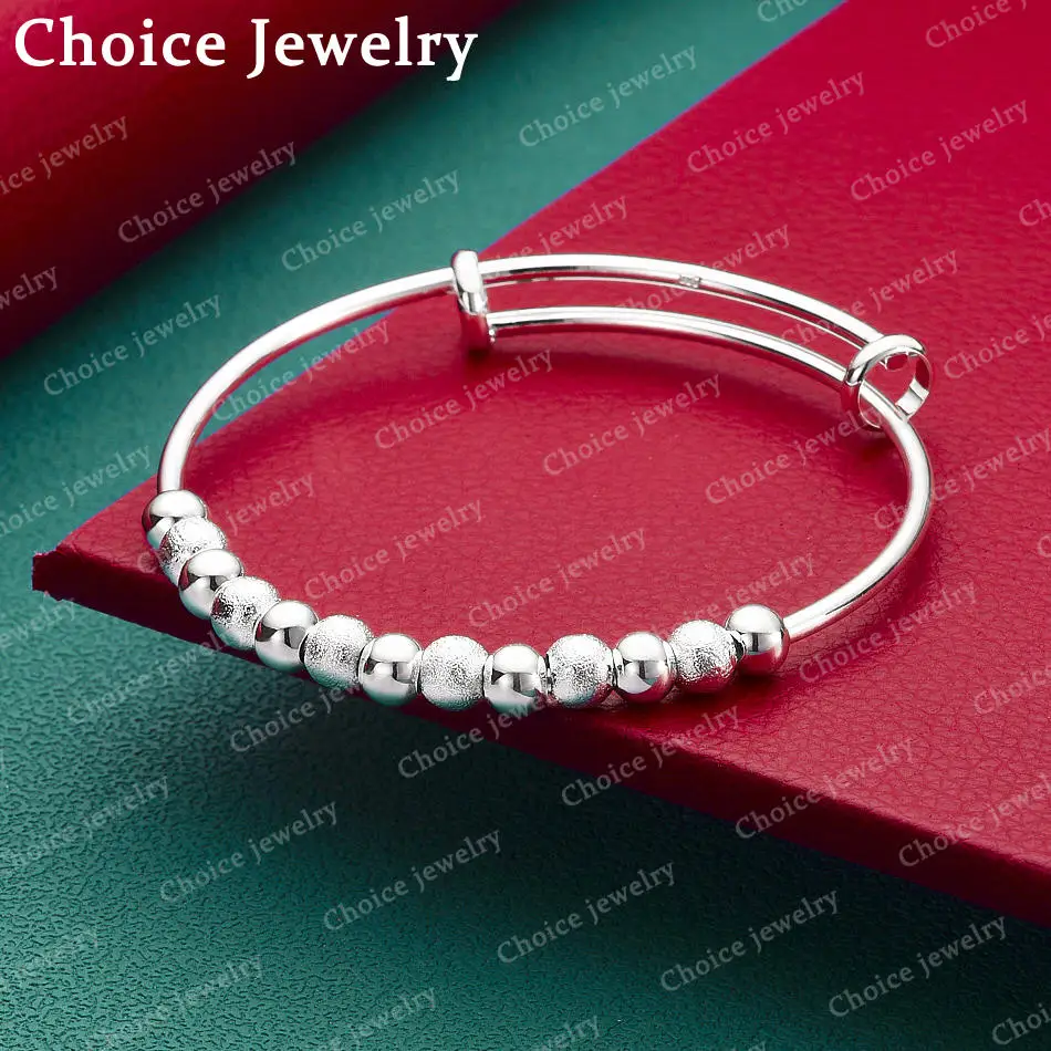 High Quality 925 Sterling Silver Smooth Frosted Beads Bracelets for Women's Adjustable Bangle Fashion Street Versatile Jewelry