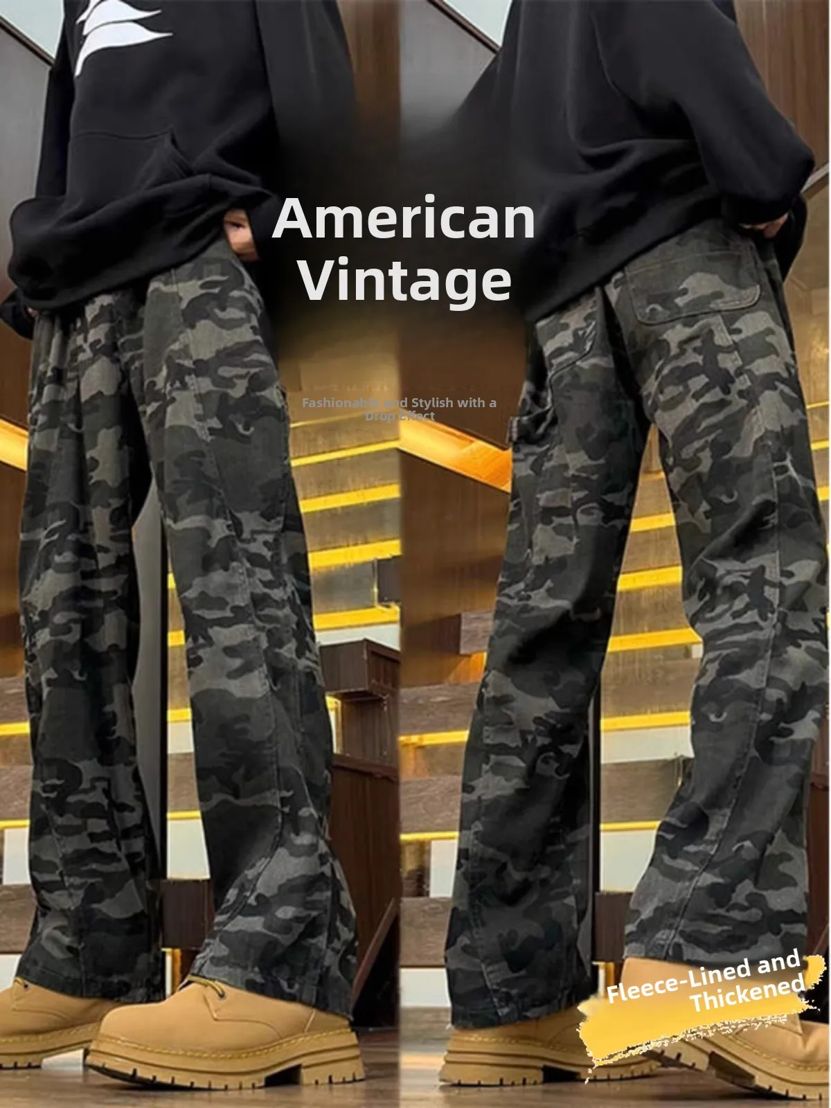 

Casual Camouflage Wide Leg Jeans Men's Autumn Winter American High Street Straight Loose Fce-lined Trendy Jeans