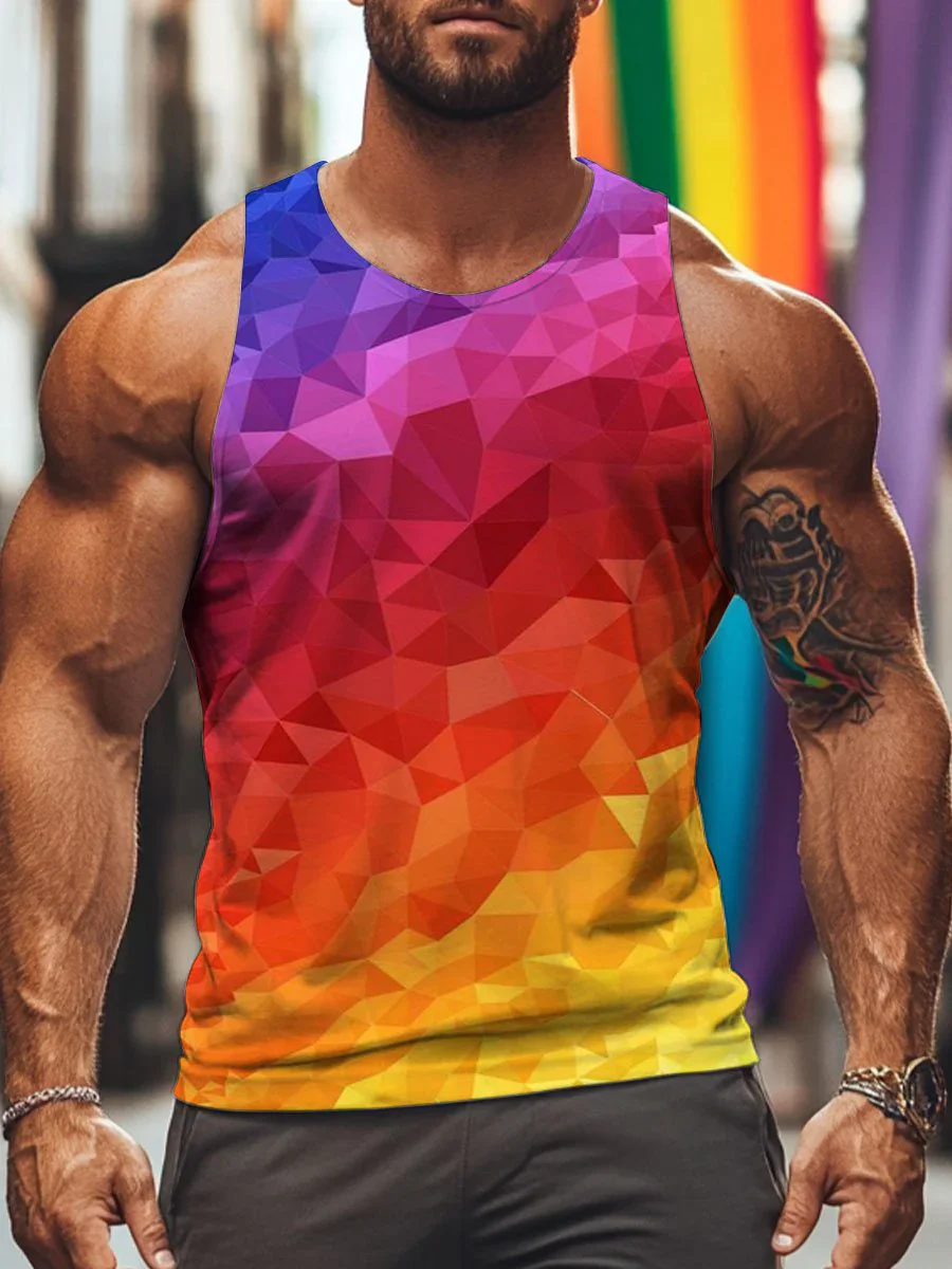 Rainbow Gradient Geometry Men's Pride Tank Top 3D Printed Casual Unisex Tank Top Summer Tops