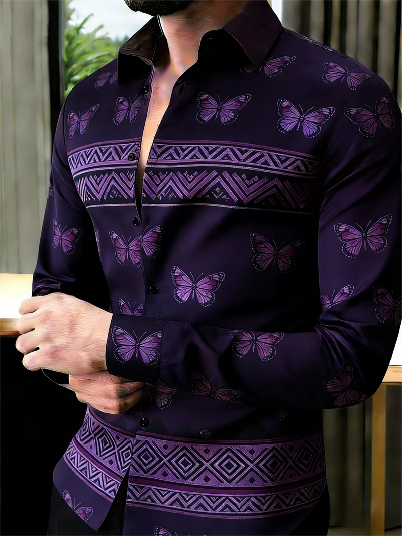 New 11 Color Men's Long-Sleeved Lapel Shirt with Fashionable 3D Printed Butterfly Pattern Long-Sleeved Shirt