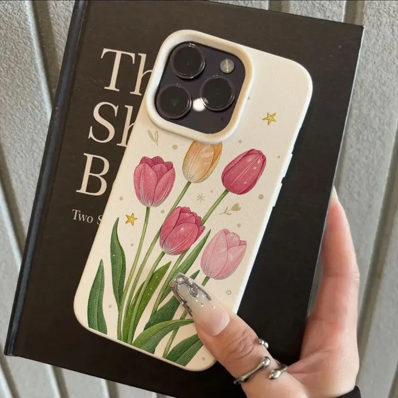 Pink Tulip Pattern Lychee Texture Phone Case for Samsung Galaxy S26 S25 S24 S23 S22 S21 S20 Plus Ultra A73 A52 A32 A25 A15 Cover