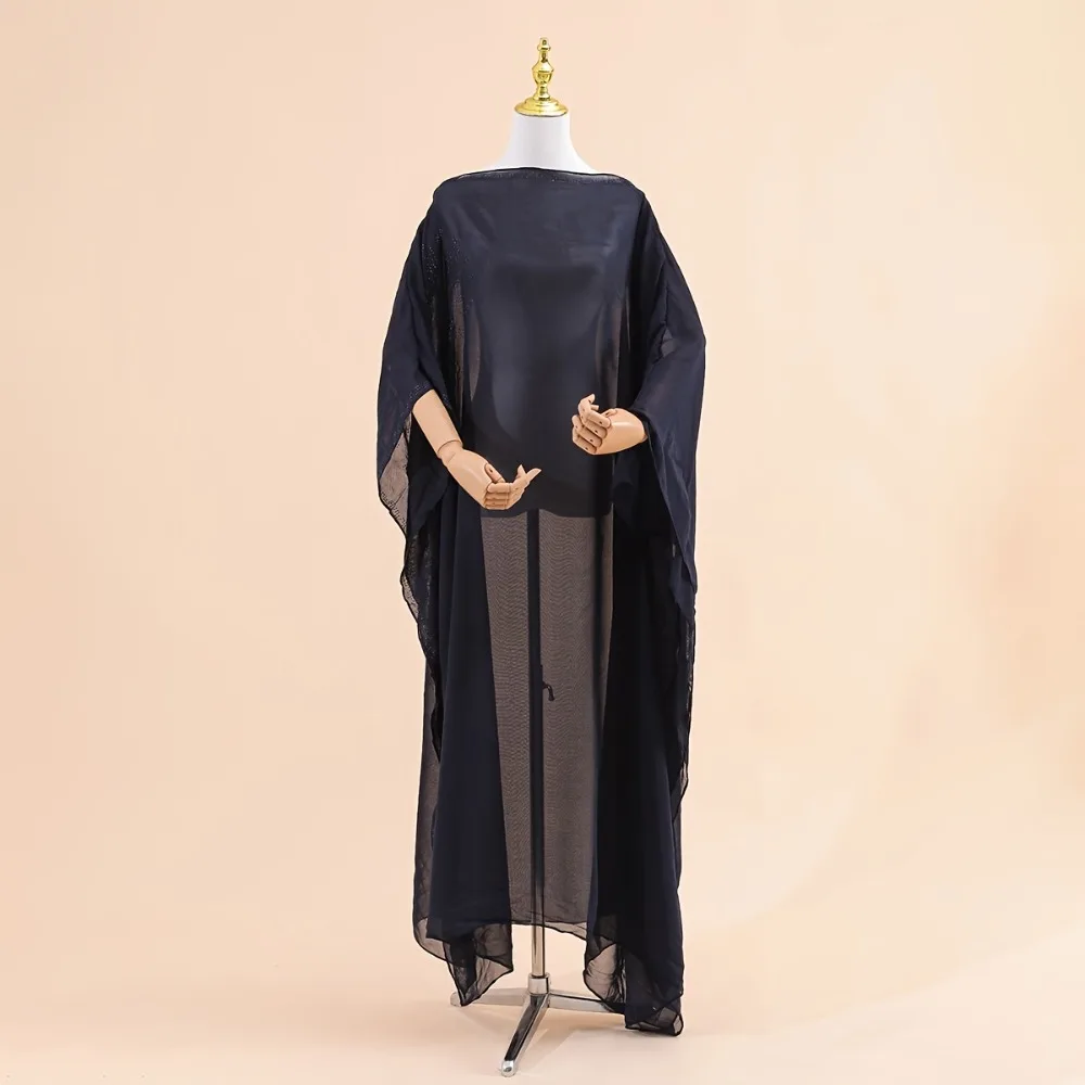 Hot Sale New Style Navy Blue Chiffon with Pearls Spring and Summer Women's Solid Color Diamond Robe Shawl One Piece