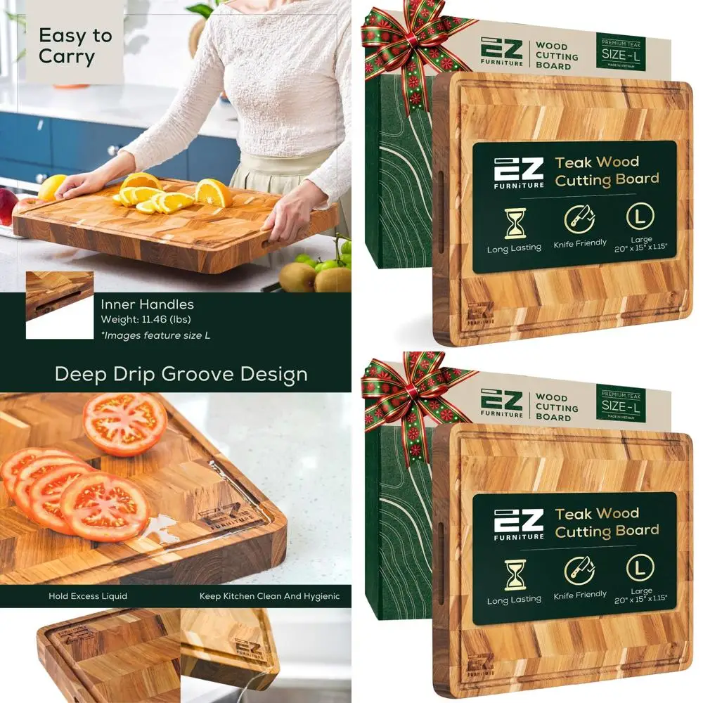 

Eco-Friendly Teak Wood Cutting Board with Serving Features, Christmas Gift, Juice Groove & Handles, Pre-Oiled for Food Safety, 2