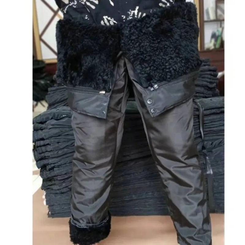 

100% Genuine Sheepskin Pants Men Warm Winter High Waist Long Pants Thicken Men Clothing Snowsuits Trousers Plus Size Oversized