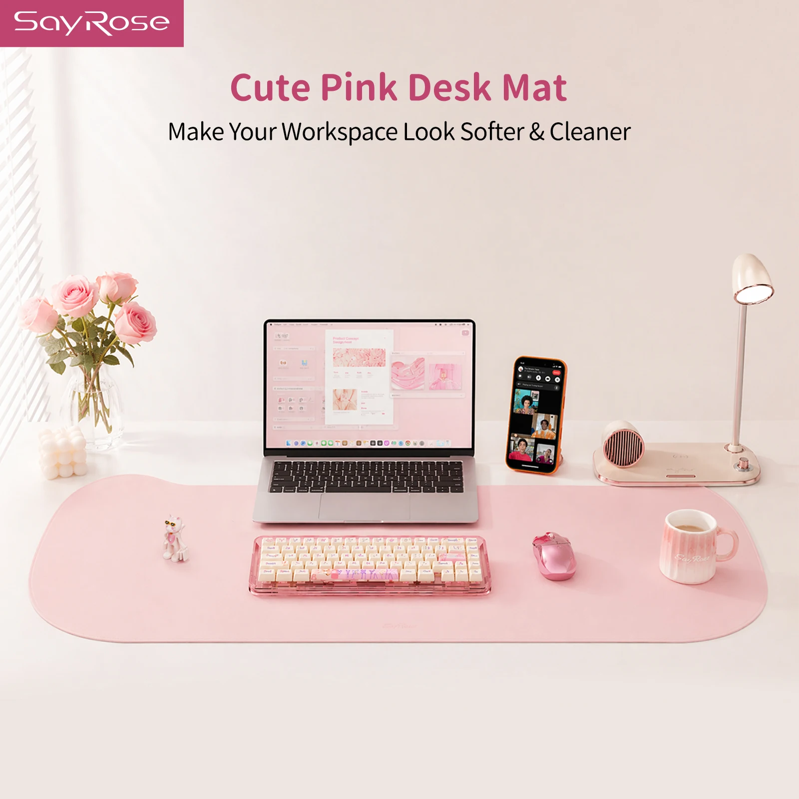 SayRose MP1 Cute Pink Cat Ear Desk Pad Large PU Leather Mouse Pad Waterproof Anti Glare Dual Side Use Perfect Gift For Girls Aesthetic Home Office Gaming Desktop Decoration