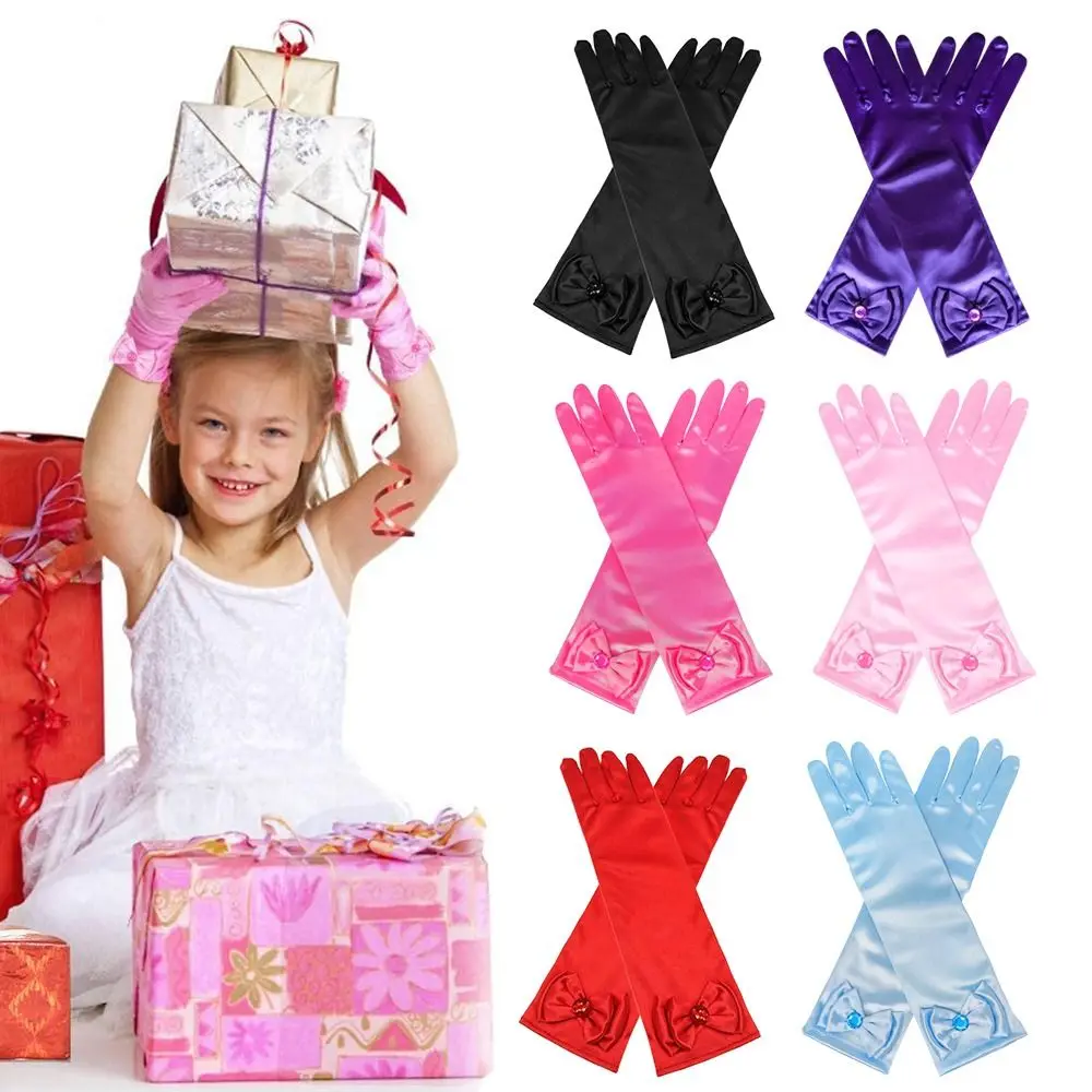 Children Long Gloves Princess Dance Performance Stage Gloves Satin Sequins Bow Glove Solid Full Finger Mittens Birthday Gifts