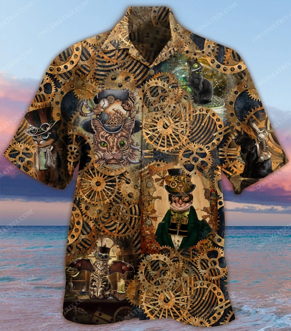 

Hawaiian shirt with Kawaii cat print for men and women, beach clothes, short -sleeved blouse, informal shirt D