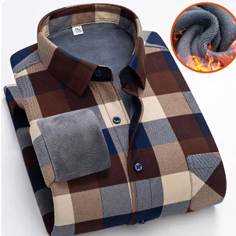 Мужская флисовая рубашка с длинным рукавом, в клетку