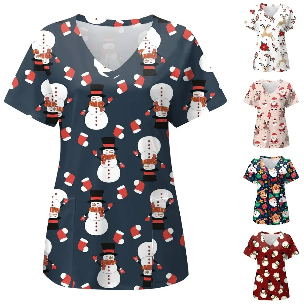 Medical Uniform Woman Halloween Skull Pattern Print Tops Summer Fashion V-Neck with Pockets Short Sleeve Scrubs Uniform Woman