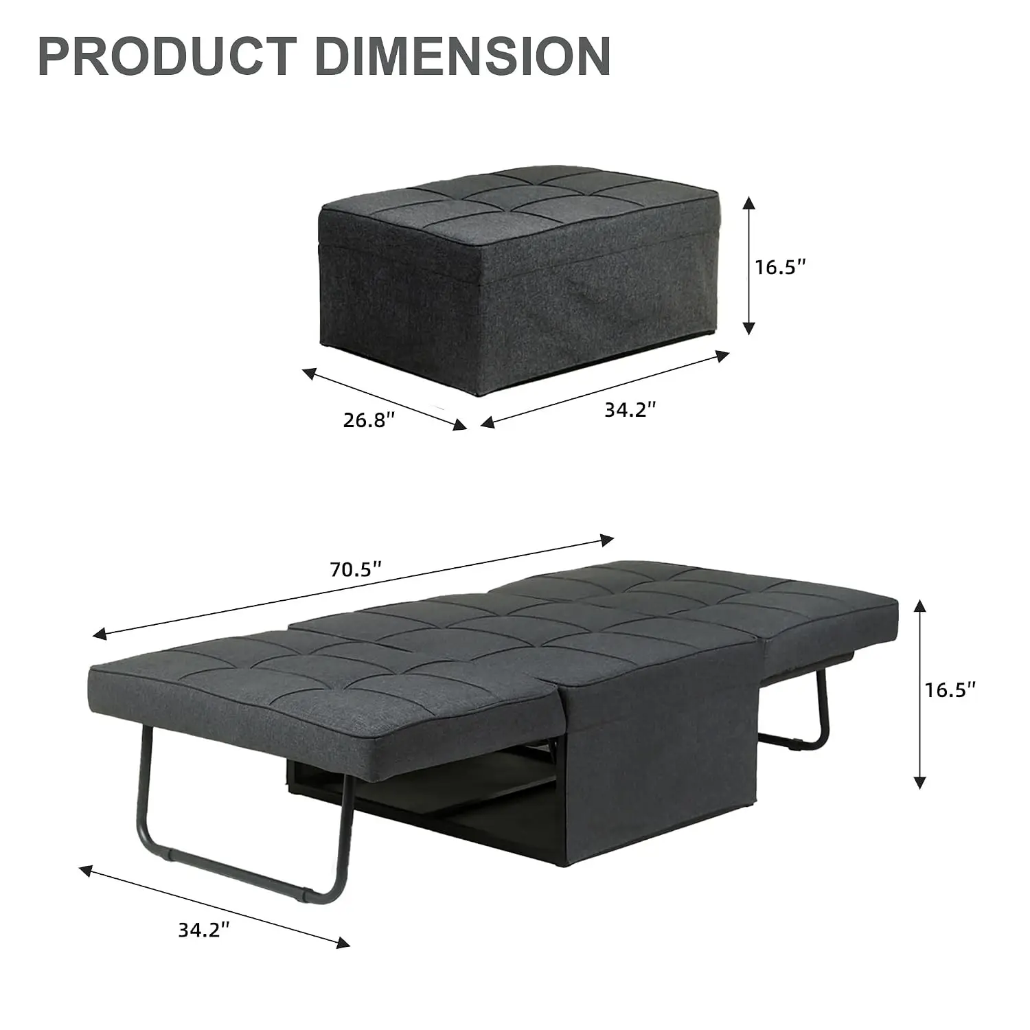 4-in-1 Convertible Sofa Bed, Folding Futon Chair with Adjustable Backrest for Living Room & Small Spaces, Dark Grey, Customized