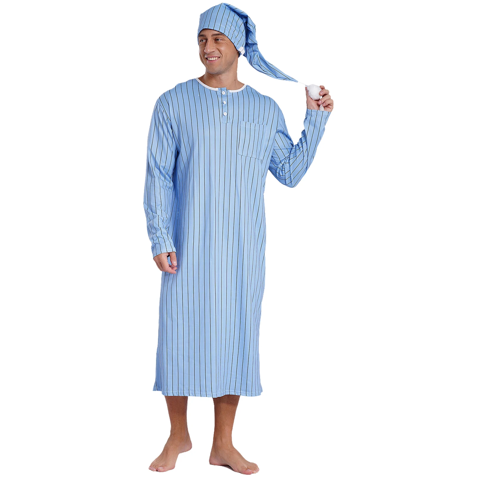 Men\'s Soft Loose Sleep Robe Fashion Homewear Striped Long Sleeve Button-down Nightshirt with Sleeping Cap Pajama Set Nightgown