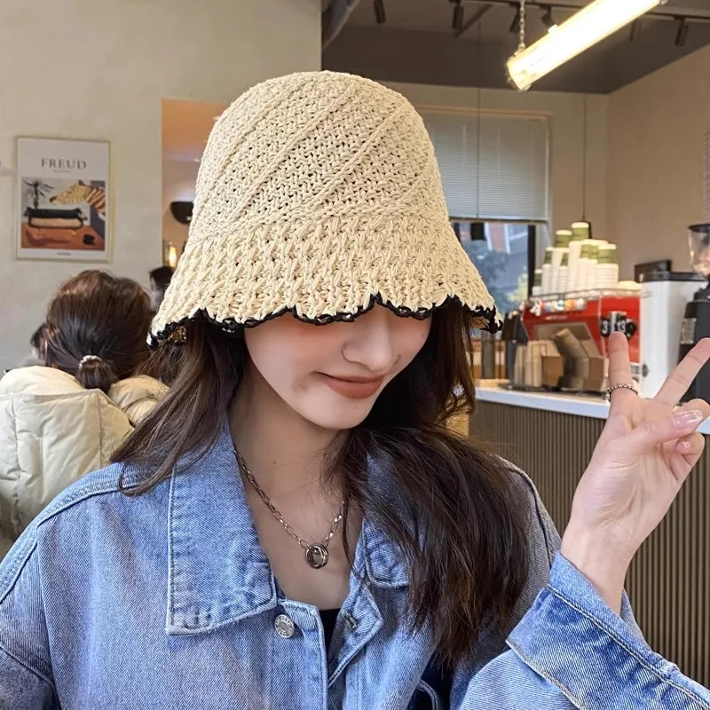 Japanese Lace Hollowed Out Breathable Thin Straw Fisherman Hat for Women's Summer Shading