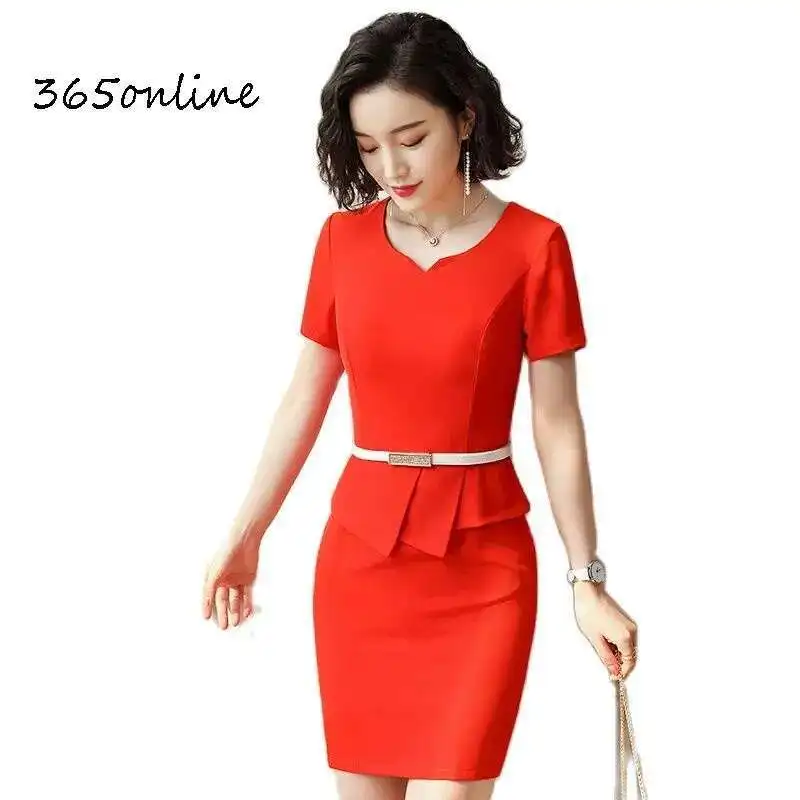 Summer Short Sleeve Dresses Elegant Red Fashion Styles Women Work Wear Dress Ladies Office Slim Hips V-neck with Belt