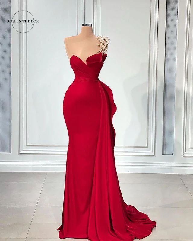 Elegant Red Mermaid Evening Dresses 2023 Luxury One Shoulder Beaded Long Formal Prom Party Gowns Birthday Dress For Women