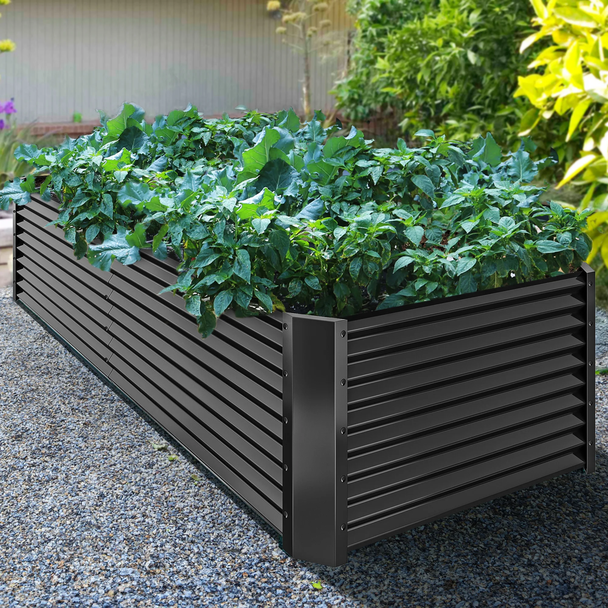 2 pièces de jardinières surélevées noires 180x90x60cm, en acier zinc-aluminium-magnésium avec tiges de support et gants