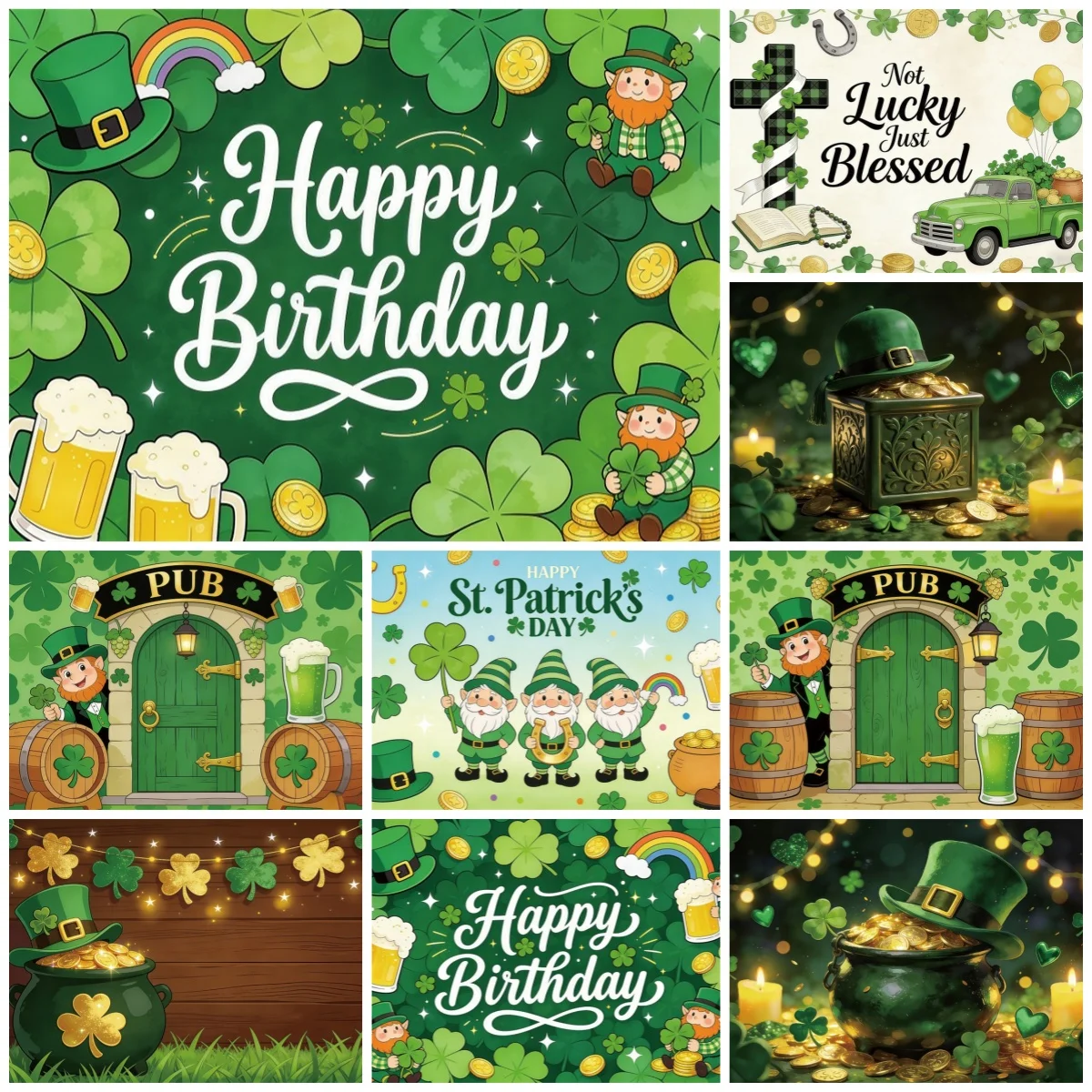

St. Patrick's Day Backgrounds for Photographs Lucky Irish Shamrock Gold Coins Birthday Party Decor Kids Family Portrait Backdrop