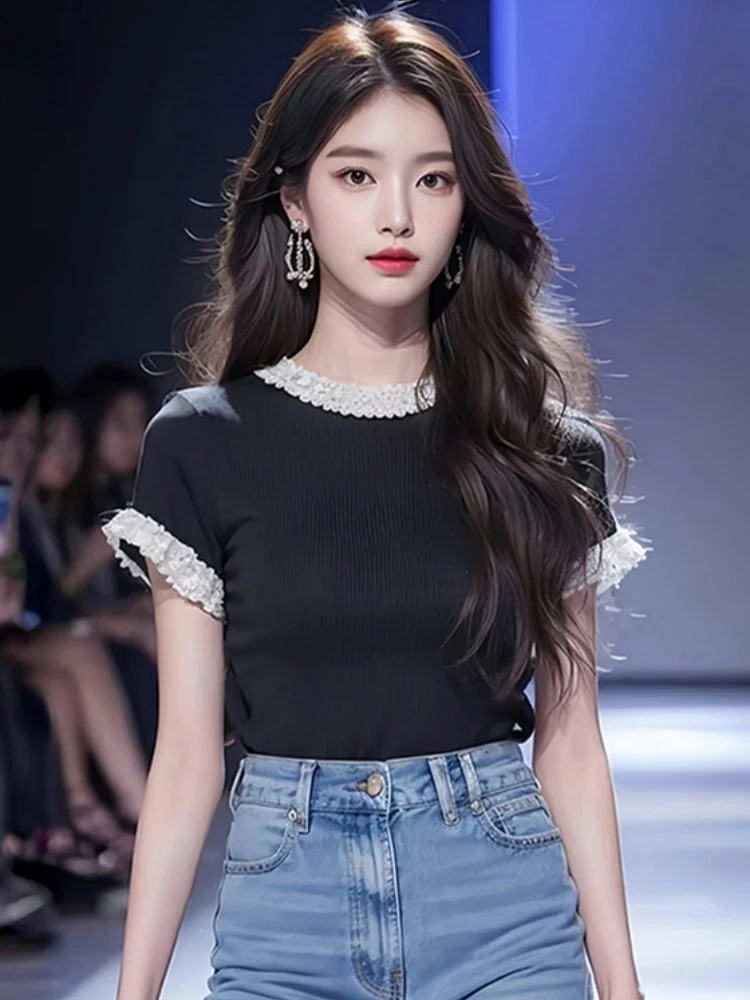 Bla camiseta de madeira feminina verão ort sve topo coreano sle corte reto cor pura commute faion sensação legal