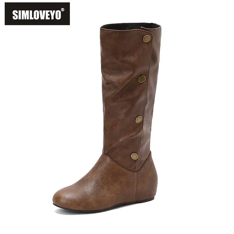 

SIMLOVEYO 2025 Women's Relaxed Mid Calf Boots Round Toe 4cm Wedge Slip On Rivet Metal Size 44 45 46 47 48 49 50 US18 Brown Red