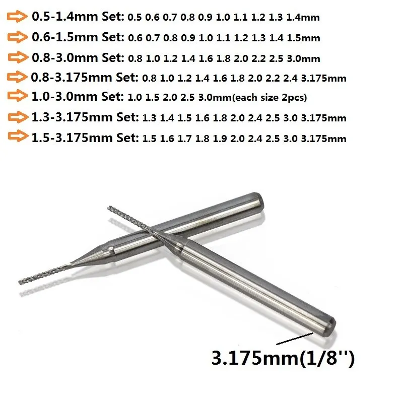 10pcs 0.8-3.175mm Carbide PCB Milling Cutter Set 3.175mm Shank Corn End Mill Milling Cutter Bits CNC Cutting Milling Tools