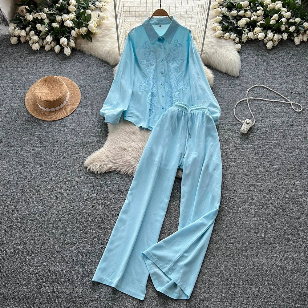 

ALPHALMODA 2025, Luxury Embroidered, Cotton Linen, Long-sleeved Shirt, Women, High Waist, Straight Trousers, Autumn 2pcs Suit
