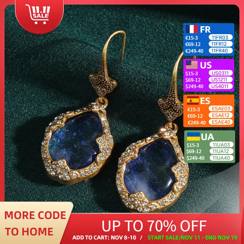 

Vintage Blue Natural Stone Drop Earring Water Droplet Cat Eye Gold Color Rhinestone Jewelry Designer Quality Luxury Gifts 2025