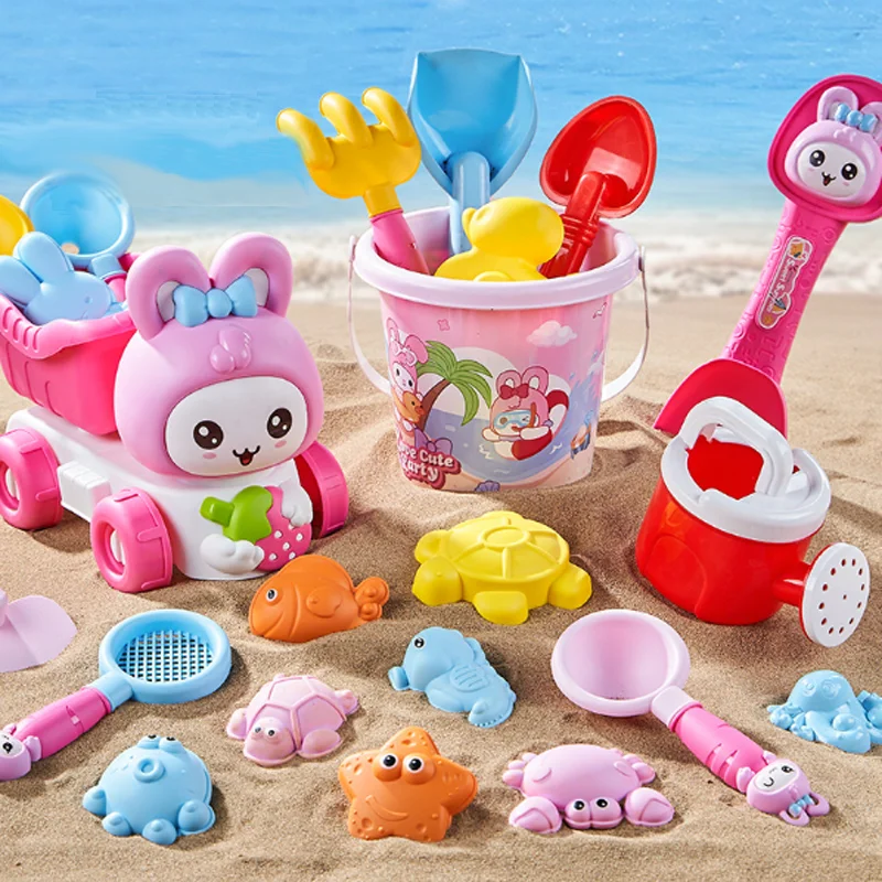 Conjunto de brinquedos de areia para praia com desenhos animados infantis, conjunto de jogos de praia e piscina para o verão, ferramentas de brincadeira com areia ao ar livre para meninas, pá
