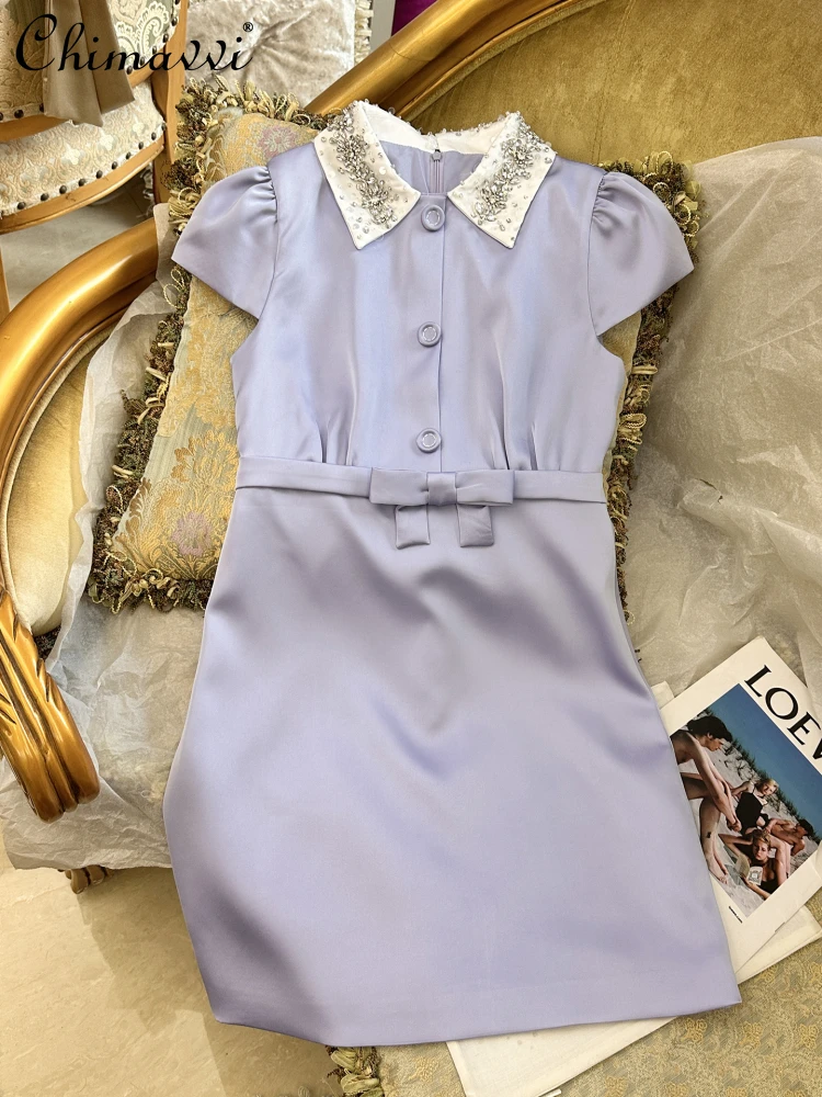 

French Elegant Socialite White Birthday Dresses Rhinestones Turn-Down Collar Puff Sleeves High Waist Bow Slim Short Dress Women