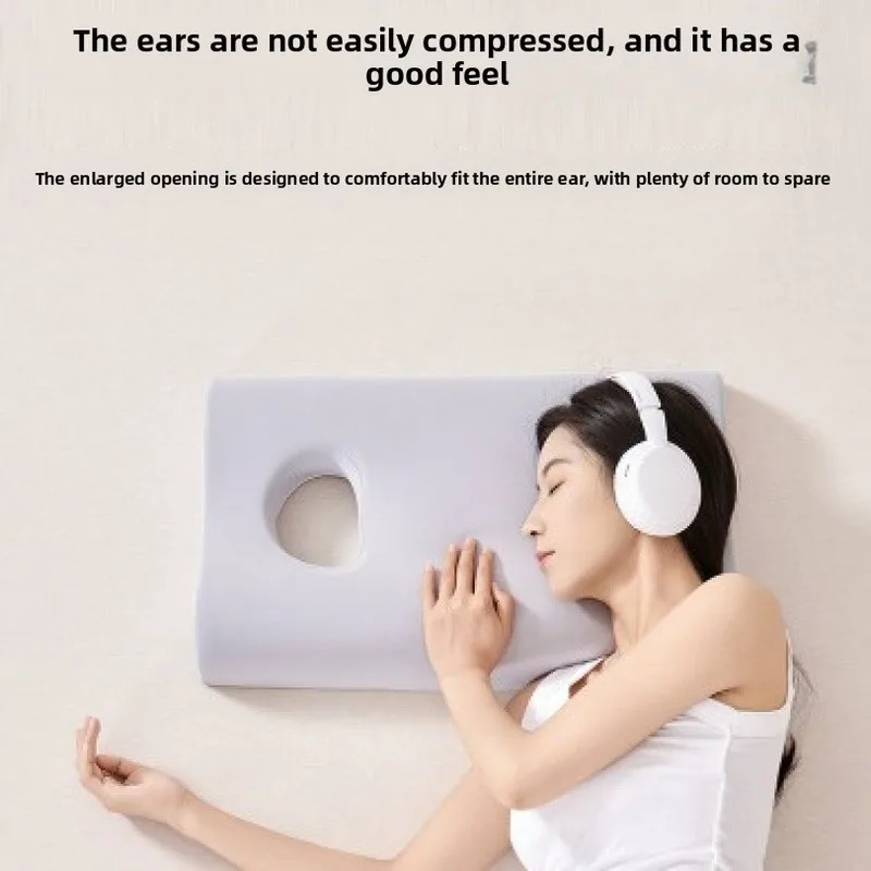 Solvath Side Sleeper Pillow with Dual Ear Holes, Memory Foam Neck Support Cushion, Fit Sleep Earmuffs, No Ear Pressure