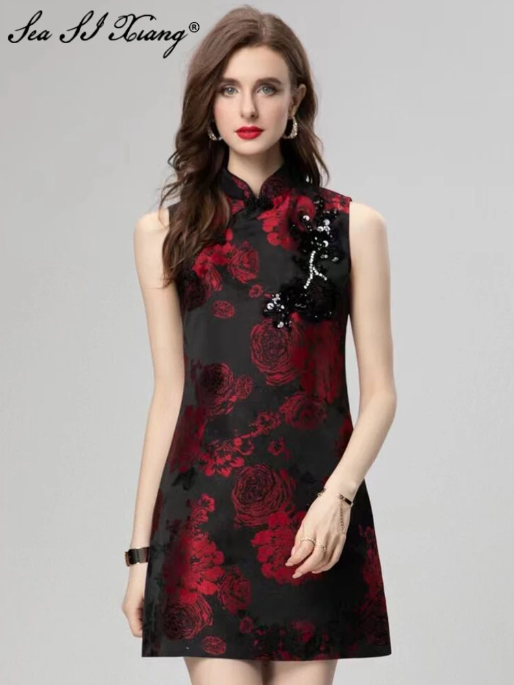 

Seasixiang Fashion Designer Summer Vest Dress Women's Stand Collar Sleeveless Flower Print Beading Chinese Style Mini Dresses
