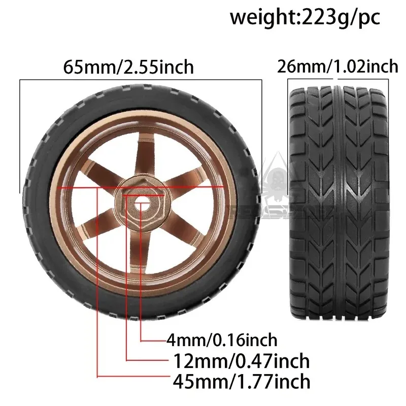 4pcs RC Drift Car Alloy Hub Rubber Tire Complete Set 1/10 Onroad Racing Accessories for Sakura CS D4 Tamiya TT02 HSP 94122