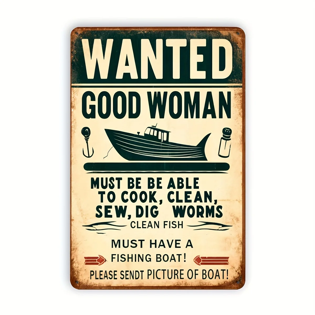 2D Metal Sign Retro Funny Wife Wanted Job Description Kitchen Fishing Boat Wall Art Decor Housewarming Gift for Man Cave Gara