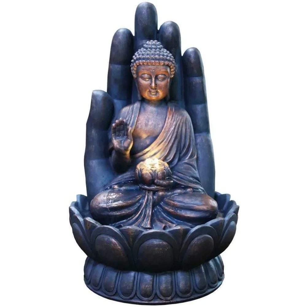 Outdoor Garden Water Fountain Indoor Outdoor Polyresin Water Fountain Feature LED Lights Garden Palm Buddha Floor Home & Garden