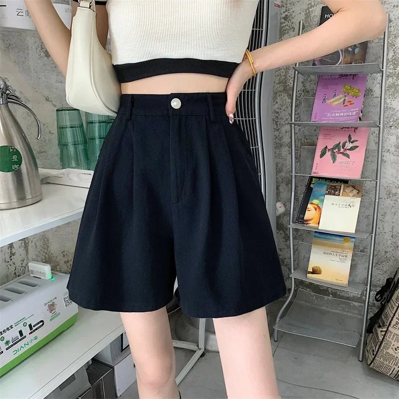 Y2K Women High Waist White Shorts Korean Fashion Pleated Wide Leg Pants Summer Casual All Match Female Preppy Style Pants New