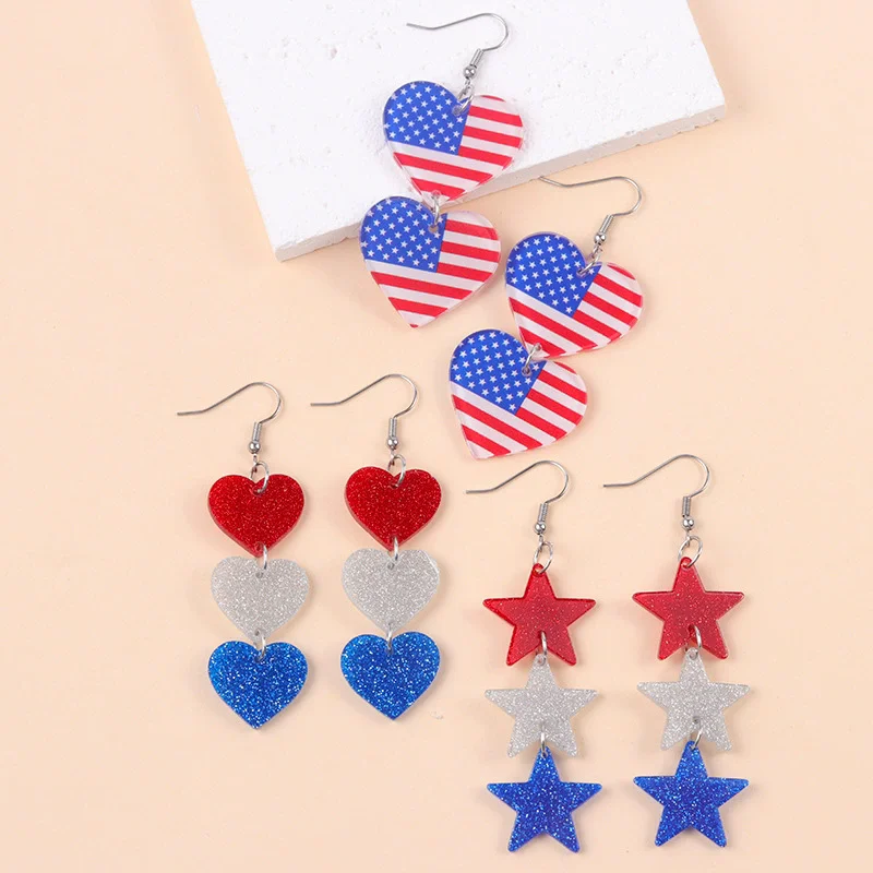 New American Independence Day Earrings Red White Blue Love Acrylic Splicing Earrings Long Pentagram Earrings Decoration