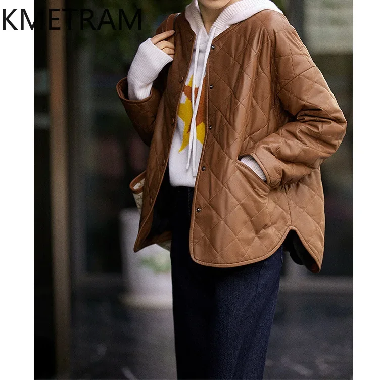 KMETRAM Chaqueta de cuero de piel de oveja auténtica con forro de algodón Moda nueva en prendas de vestir exteriores Ropa de otoño 2024 Mujeres (13)кажахара ж Dön......