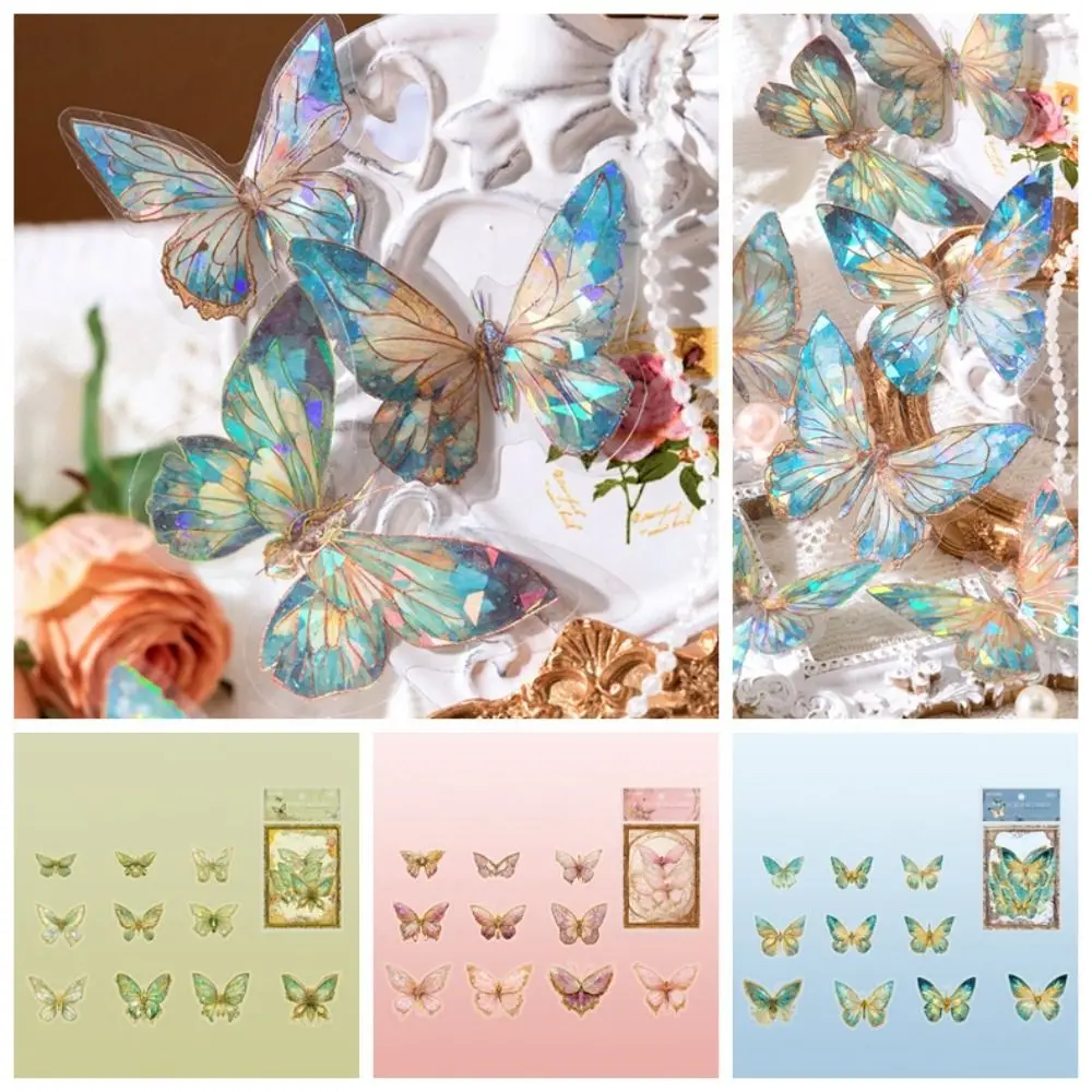 Pegatina de mariposa láser de cristal de hielo hecha a mano, pegatina de Collage de mariposa estética decorativa Retro, PET, manualidades DIY,