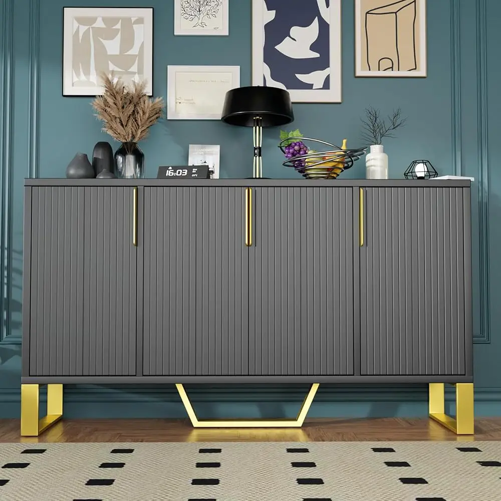 Buffet Sideboard Storage Cabinet Coffee Bar Console Table With Adjustable Shelf, 4 Doors, Black