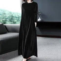 Women Solid Color Velvet Long Dress Pile CollarA Line High Waisted Autumn Dress Pleated Loose Hem Plush Velvet Maxi Dresses