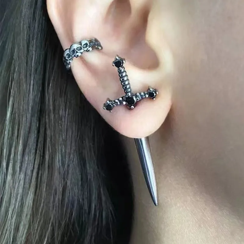 Gothic Kinitial Sword Earrings Vintage Punk Crystal Ear Jacket Goth Stud Earrings Jewelry Gift For Women Girls Ear Studs