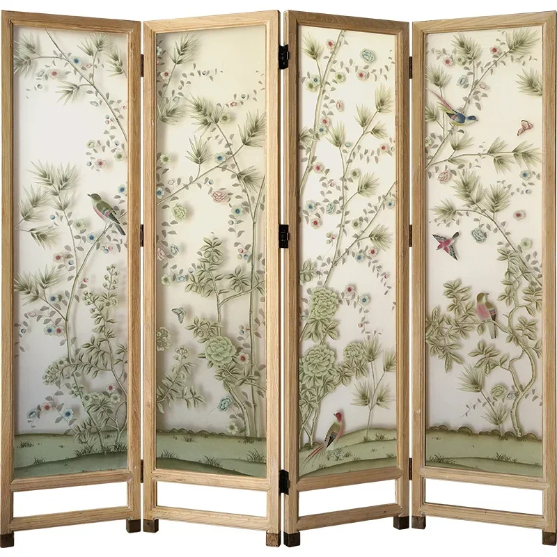 

Solid Wood Living Room Folding Japanese Fabric Mobile Silk Hand-Painted Double-Sided Subareas Screens