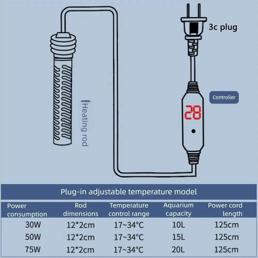 17-34 ° C Riscaldatore sommergibile per acquario Display digitale 25W-75W Termostato per acquario Controllo della temperatura regolabile Riscaldatore per acquario