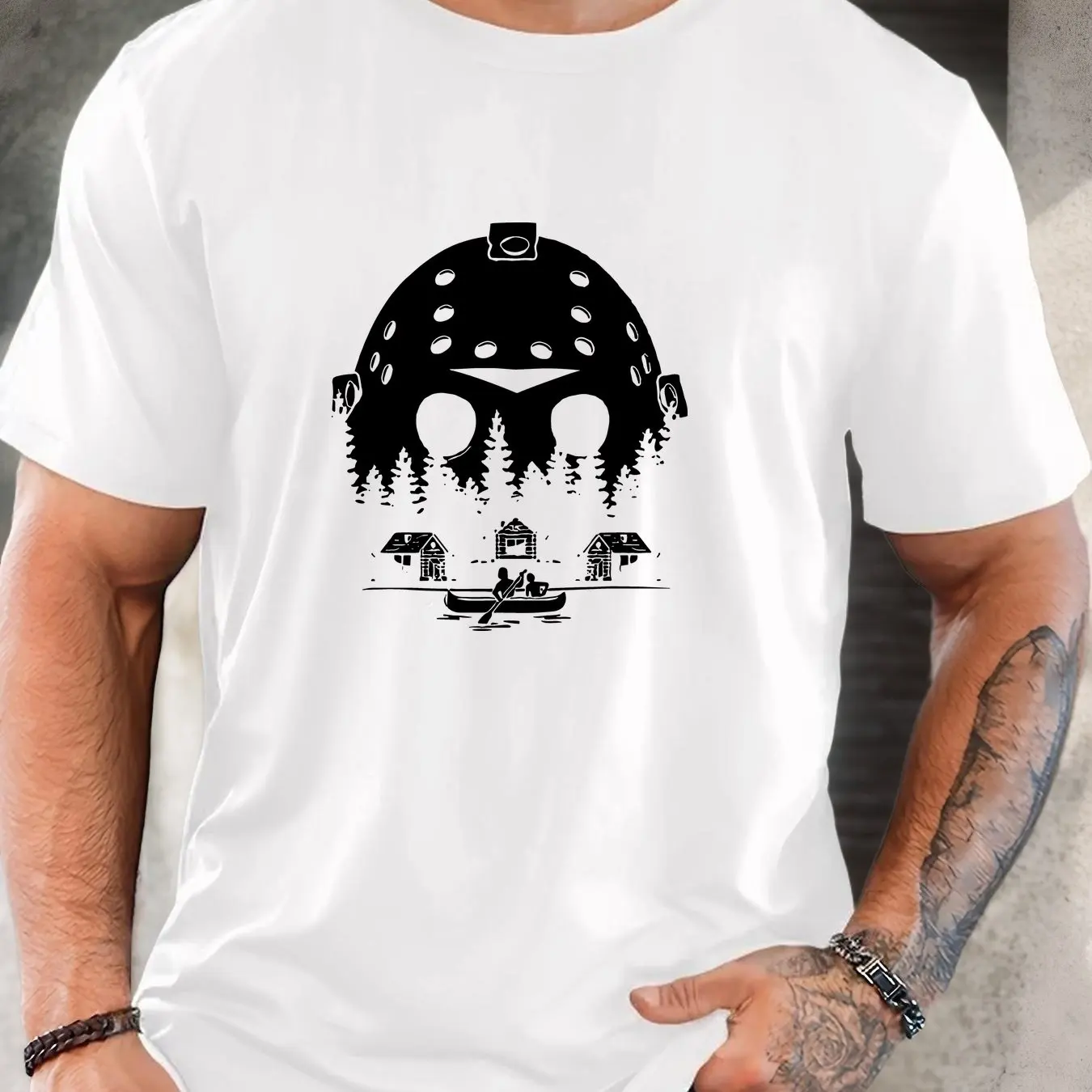 Men Jason Voorhees Hockey Mask Horror Graphic T-Shirt Summer Casual Short Sleeve Round Neck Tee with Pine Tree Cabin Design