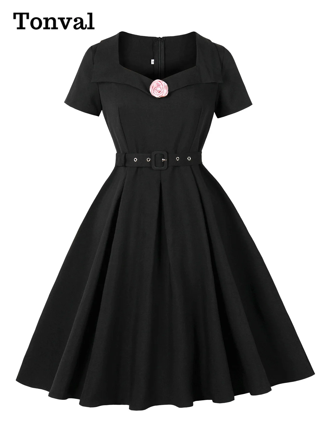 Tonval Schwarze Kleider mit herzförmigem Ausschnitt, Applikationen und Details, elegante 50er-Jahre-Kleidung für Damen, plissiertes Kleid im Vintage-Stil mit Gürtel