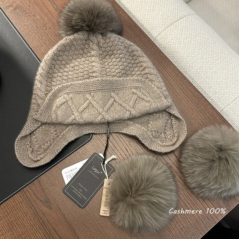 Cedar needle-knitted warm knitted pure cashmere cap ear protecters