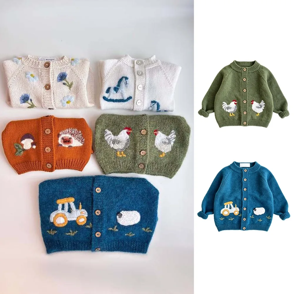 2026 New Autumn Winter Cute Animal Embroidery Knit Cardigan For Boys  GirlsSingle Breasted Baby Kids Knitted Outerwear