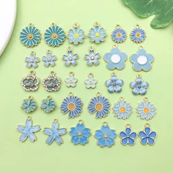 30pcs Lake Blue Enamel Flower Charms Alloy Small Daisies, Cherry Blossoms, Sunflower Pendants For DIY Jewelry Making Accessories
